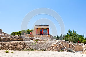 North Entrance with charging bull fresco at the Knossos palace on the Crete island, Greece.