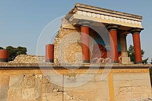 The North Entrance of the Palace with charging bull fresco in Knossos at Crete