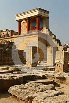 The North Entrance of the Palace with charging bull fresco in Knossos at Crete