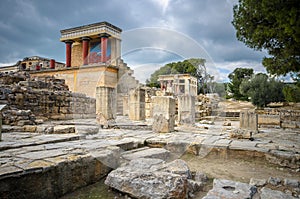 The North Entrance of the Palace with charging bull fresco in Knossos at Crete