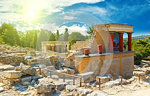 The North Entrance of the Palace with charging bull fresco in Knossos at Crete, Greece