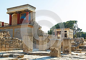 The North Entrance of Palace with charging bull fresco in Knossos at Crete, Greece