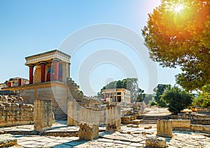 The North Entrance of the Palace with charging bull fresco in Knossos at Crete, Greece