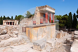 North Entrance, Propylaeum, to the ancient King Minos Minoan Palace of Konssos with the throne room behind, Greece, Krete photo