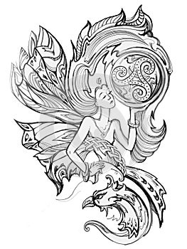 North goddess. Beautiful fantasy Celtic fairy holding triple trickle symbol. Illustration for an old medieval Breton legend with photo