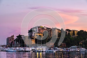 North Italy sea village sunset purple clear sky - Rapallo - Genoa -italian riviera