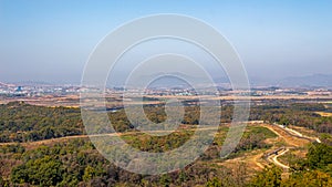 North Korea at the DMZ on a sunny, misty autumn morning, Paju, South Korea