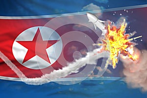 North Korea intercepted ballistic missile, modern antirocket destroys enemy missile concept, military industrial 3D illustration