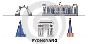 North Korea, Pyongyang flat landmarks vector illustration. North Korea, Pyongyang line city with famous travel sights