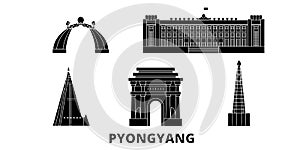 North Korea, Pyongyang flat travel skyline set. North Korea, Pyongyang black city vector illustration, symbol, travel