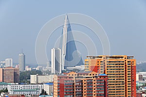 North Korea, Pyongyang. View of the city from above. Ryugyong Hotel