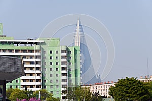 North Korea, Pyongyang. View of the city from above.Ryugyong Hotel