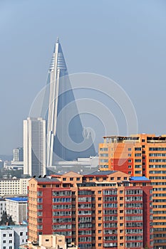 North Korea, Pyongyang. View of the city from above. Ryugyong Hotel