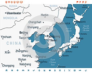 North Korea South Korea Japan China Russia Mongolia Map - Vector Illustration