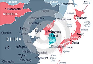 North Korea South Korea Japan China Russia Mongolia Map - Vector Illustration