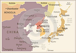 North Korea South Korea Japan China Russia Mongolia Map - Vintage Vector Illustration