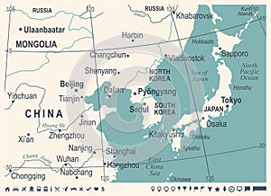 North Korea South Korea Japan China Russia Mongolia Map - Vintage Vector Illustration