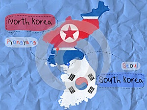 North Korea and South Korea, Pyongyang and Seoul capital city with location pins on a crumpled paper background