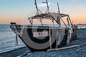 North Korean fishing schooner on the shore of Russky Island near the Far Eastern city of Vladivostok