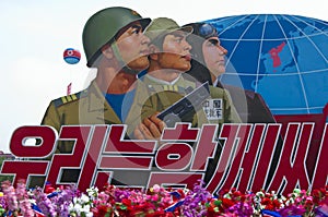 North Korean soldiers placard at the military parade in Pyongyang