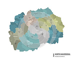 North Macedonia higt detailed map with subdivisions. Administrative map of North Macedonia with districts and cities name, colored