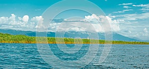 North macedonia. Ohrid. Ohrid lake in sunny day with reeds and mountaines on background