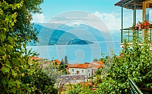 North macedonia. Ohrid. Roofs buildings and houses alonge lake shore with mountains and lake on background