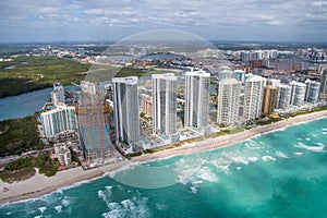 North Miami Beach buildings as seen from helicopter, Florida. Sk