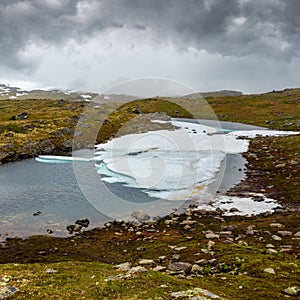 North Norway mountain spring tundra valley and puddle with ice cake