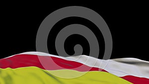 North Ossetia fabric flag waving on the wind loop. North Ossetia embroidery stiched cloth banner swaying on the breeze. Half-