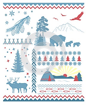 North patterns with animal and tree silhouettes.