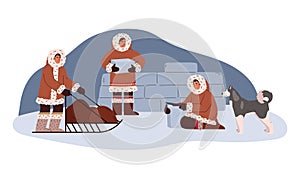 North people in traditional Eskimos clothing, ice, build igloo, Husky dog, sleigh with sled cartoon vector illustration