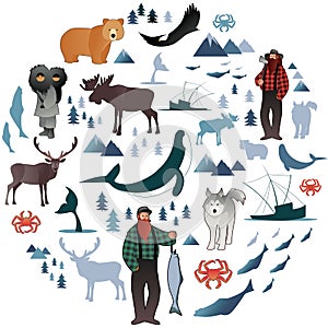 North Polar circle icons and images. Animals, eskimos, forests, mountains, hunters, boats, fish and fishermen