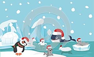 North pole animal background with santa hat