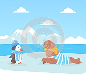 North Pole Arctic Animals on Polar Landscape, Cute Seal and Penguin Characters Cartoon Vector Illustration