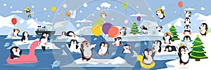 North pole Arctic family penguins activities with different emotions and poses