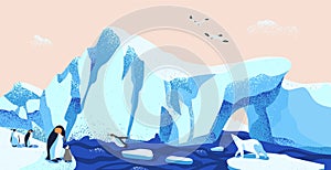 North pole, arctic ice landscape flat vector illustration. Beautiful antarctic scenery with local fauna. Glacier