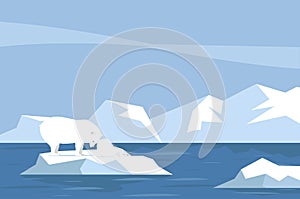 North pole Arctic landscape with Polar bear and cub