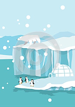 Sever pól arktický. biely medvede a tučniaky na neukotvená a topenie ľadovec v oceán sneh hory ľadovec polárna 