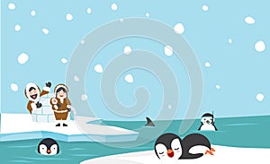 North pole eskimo igloo ice house wiht penguins background