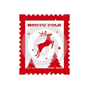 North pole - holiday postage stamp with reindeer and christmas trees.