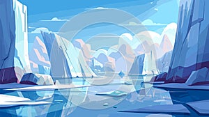 North Pole landscape. Cartoon arctic illustration with ocean and icebergs. Melting ice, snowy ice mountains and rocks