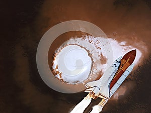 North Pole of mars planet with space shuttle