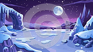 North pole modern landscape at night with a full moon. Cartoon illustration with frozen water and ice arch. Freeze lake