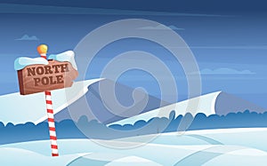 North pole road sign. Snowy background with snow trees night woods wonderland winter holidays vector cartoon