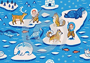 North Pole seamless pattern with wild animals, eskimos and yurt