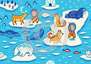 North Pole seamless pattern with wild animals, eskimos and yurt