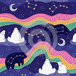 North pole starry sky. Polar bear family watching northern lights. Cute starry night scene. Seamless pattern. Vector illustration