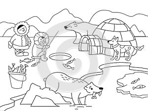 North Pole vector. Educational game for kids educational game. Arctic animals Coloring, black and white coloring.