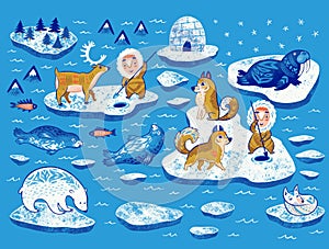 North Pole wildlife collection. Hand drawn texture photo